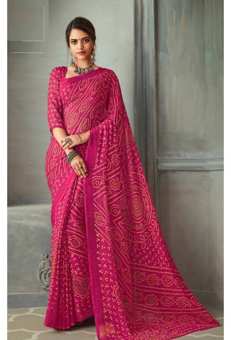 Women's Pure Chiffon Pink Printed Designer Saree With Blouse Piece