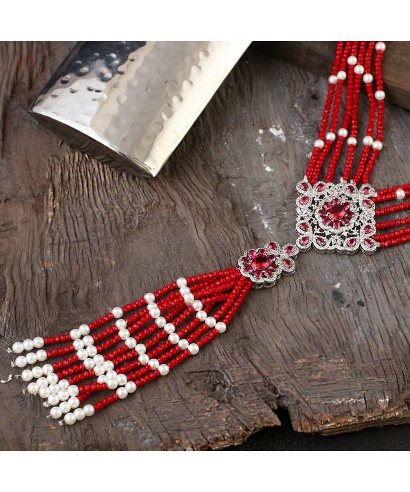 red stylish unique classy crystal pearl combination diamond pendant