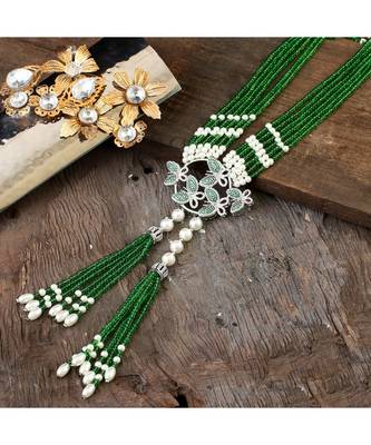 beautiful stylish green crystal pearl necklace with cute butterfly broach 1