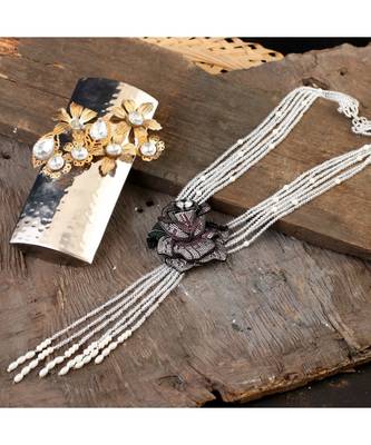white cystal beads necklace with classy rose diamond broache 1