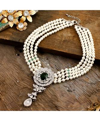 vintage pearl designer green silver diamond flower broache necklace 1