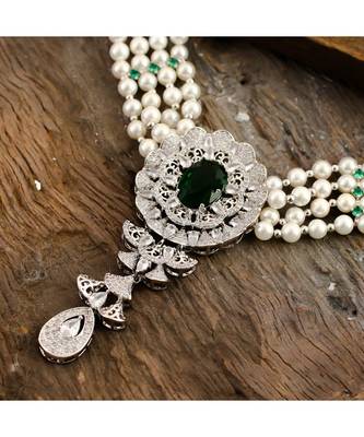 vintage pearl designer green silver diamond flower broache necklace 3