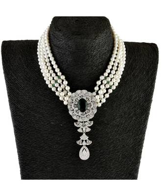 vintage pearl designer green silver diamond flower broache necklace 4