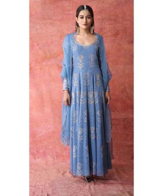 Show Shaa Blue scottish thistle metallic georgette anarkali 1