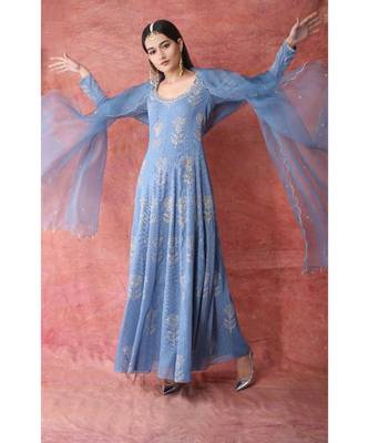 Show Shaa Blue scottish thistle metallic georgette anarkali 2