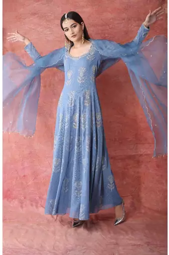 Show Shaa Blue scottish thistle metallic georgette anarkali