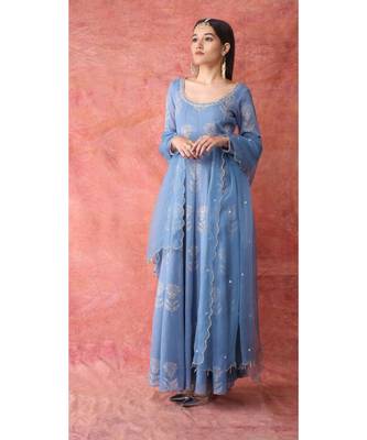 Show Shaa Blue scottish thistle metallic georgette anarkali 3