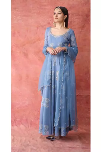 Show Shaa Blue scottish thistle metallic georgette anarkali