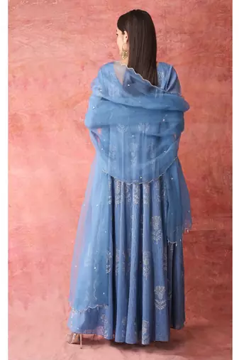 Show Shaa Blue scottish thistle metallic georgette anarkali