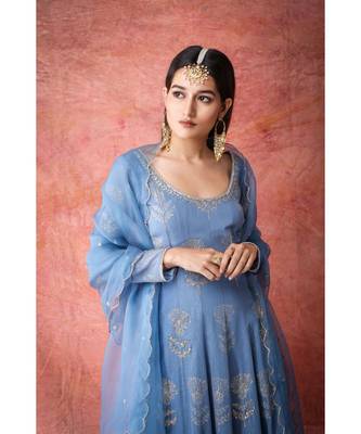 Show Shaa Blue scottish thistle metallic georgette anarkali 5