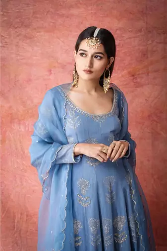 Show Shaa Blue scottish thistle metallic georgette anarkali