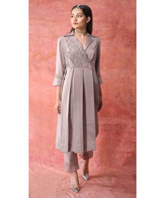Show Shaa Brown Fabric manipulation Box pleate dress set 1