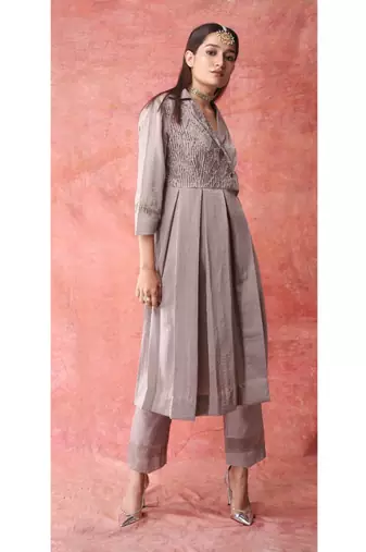 Show Shaa Brown Fabric manipulation Box pleate dress set