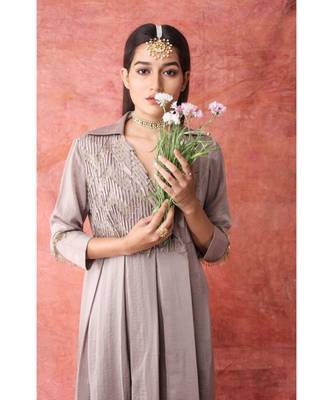 Show Shaa Brown Fabric manipulation Box pleate dress set 4
