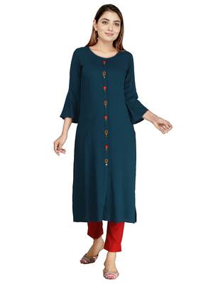Blue embroidered rayon long-kurtis 1