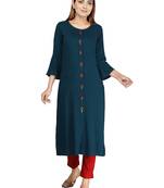 Blue embroidered rayon long-kurtis