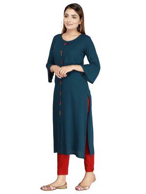 Blue embroidered rayon long-kurtis 3