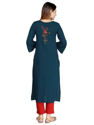 Blue embroidered rayon long-kurtis 4