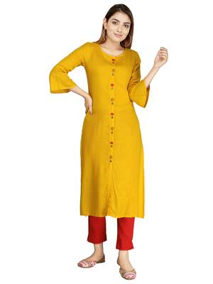 Yellow embroidered rayon long-kurtis 1