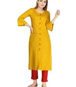 Yellow embroidered rayon long-kurtis