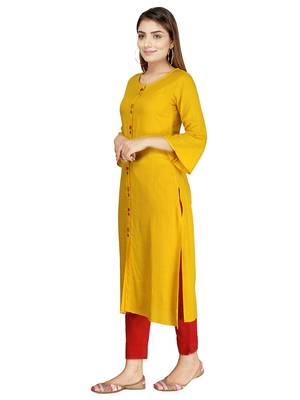 Yellow embroidered rayon long-kurtis 3