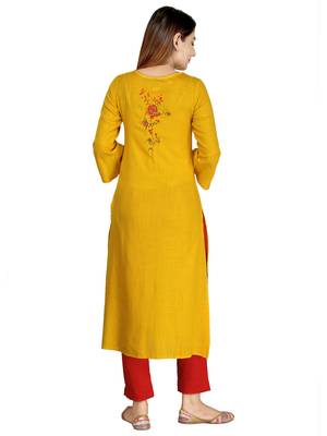 Yellow embroidered rayon long-kurtis 4