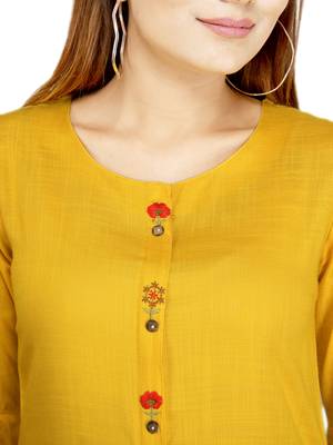 Yellow embroidered rayon long-kurtis 5