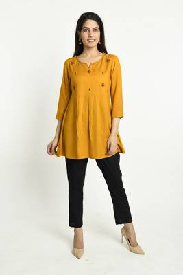 Mustard embroidered rayon short-kurtis 1