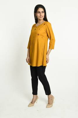 Mustard embroidered rayon short-kurtis 2