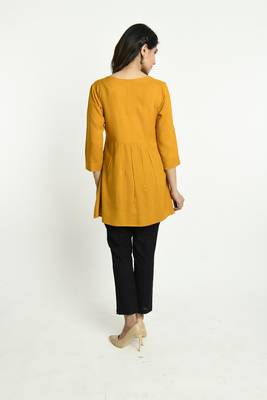 Mustard embroidered rayon short-kurtis 3