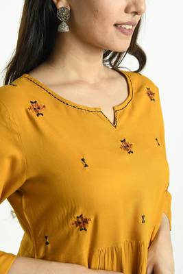Mustard embroidered rayon short-kurtis 4