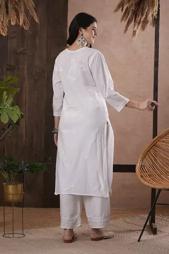 Hand Embroidered White Cotton Lucknowi Chikankari Indian Women Kurta
