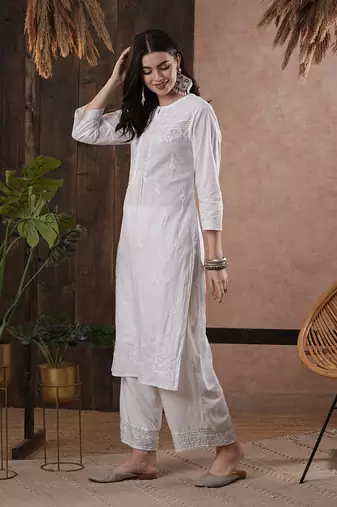 Hand Embroidered White Cotton Lucknowi Chikankari Indian Women Kurta