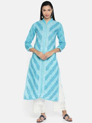 Ada Hand Embroidered Blue Cotton Lucknowi Chikankari Indian Women Kurta - A239012 1