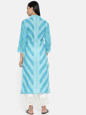 Ada Hand Embroidered Blue Cotton Lucknowi Chikankari Indian Women Kurta - A239012 2