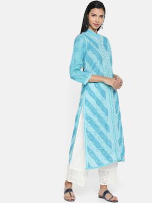 Ada Hand Embroidered Blue Cotton Lucknowi Chikankari Indian Women Kurta - A239012 3