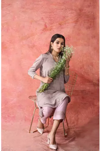 Show Shaa Brown Collar n side button set with pleated pants