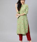 Green woven cotton ethnic-kurtis