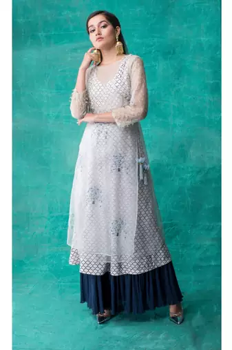 Show Shaa Blue Floral Embroided Angrakha And morocon Anarkali