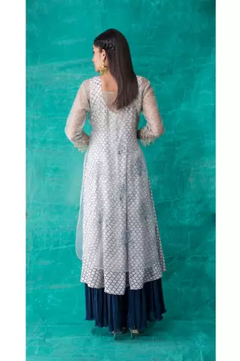 Show Shaa Blue Floral Embroided Angrakha And morocon Anarkali