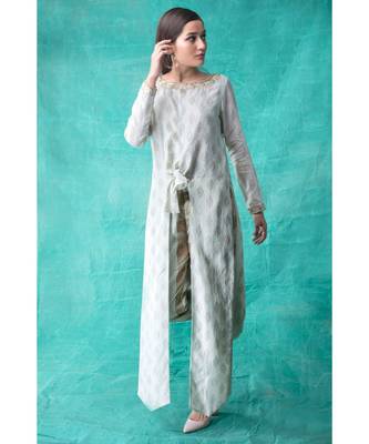 Show Shaa Sea Gree Chanderi Front Knot Kurta & Pant 2