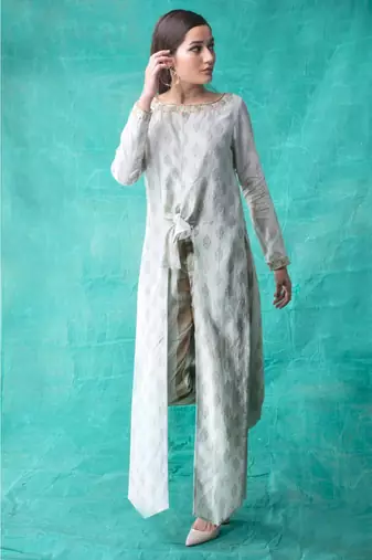 Show Shaa Sea Gree Chanderi Front Knot Kurta & Pant