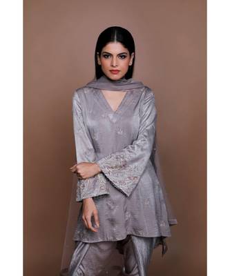 Show Shaa Grey Satin KIMONO High Low Embroided  ANARKALI with DHOTI PANTS 1