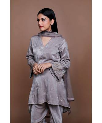 Show Shaa Grey Satin KIMONO High Low Embroided  ANARKALI with DHOTI PANTS 2