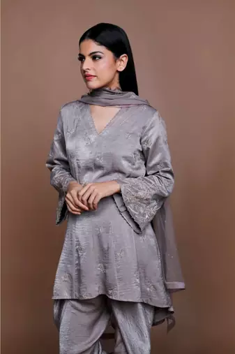 Show Shaa Grey Satin KIMONO High Low Embroided  ANARKALI with DHOTI PANTS