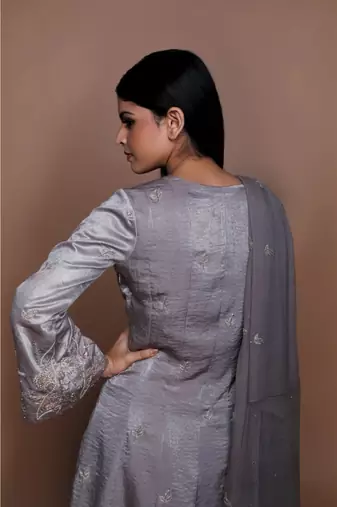 Show Shaa Grey Satin KIMONO High Low Embroided  ANARKALI with DHOTI PANTS