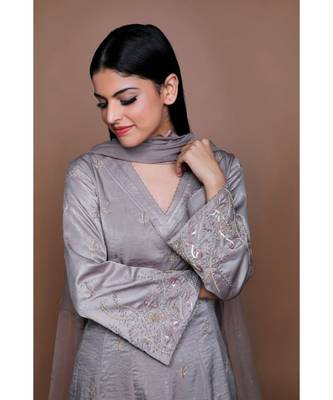 Show Shaa Grey Satin KIMONO High Low Embroided  ANARKALI with DHOTI PANTS 4