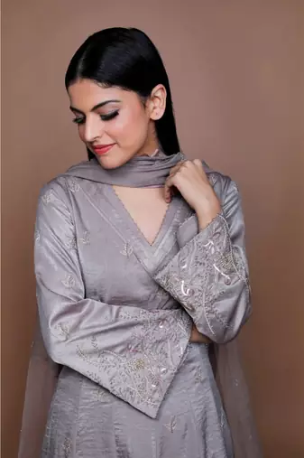Show Shaa Grey Satin KIMONO High Low Embroided  ANARKALI with DHOTI PANTS