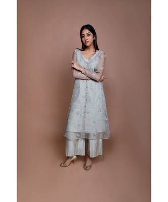 Show Shaa Sea green Chnaderi FLORAL SHEER OVERALL WITH GEOMETRICAL Stripe tunic and embroided pants. 1