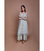 Show Shaa Sea green Chnaderi FLORAL SHEER OVERALL WITH GEOMETRICAL Stripe tunic and embroided pants.